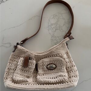 Beige Crochet Shoulder Bag with Brown Trim